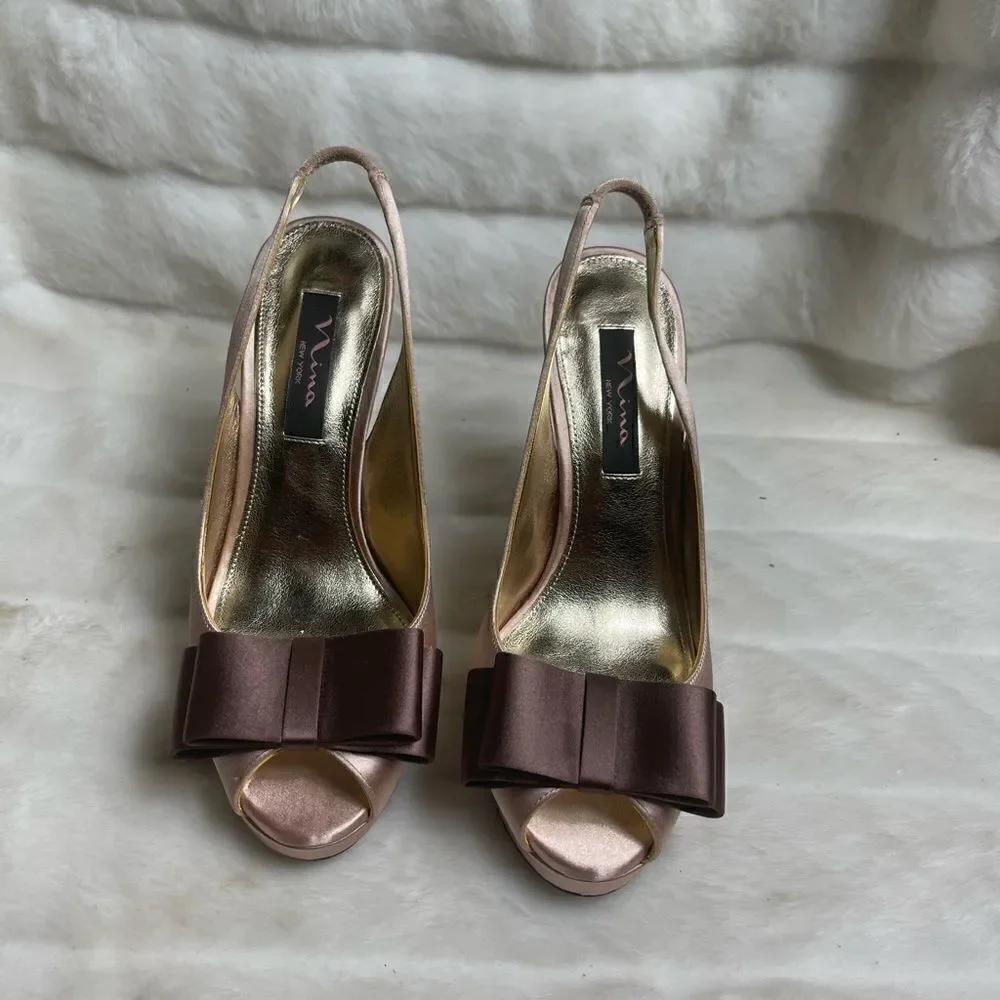 Nina Blush pink satin back strap sandals with brown satin front bow peep toe SZ8